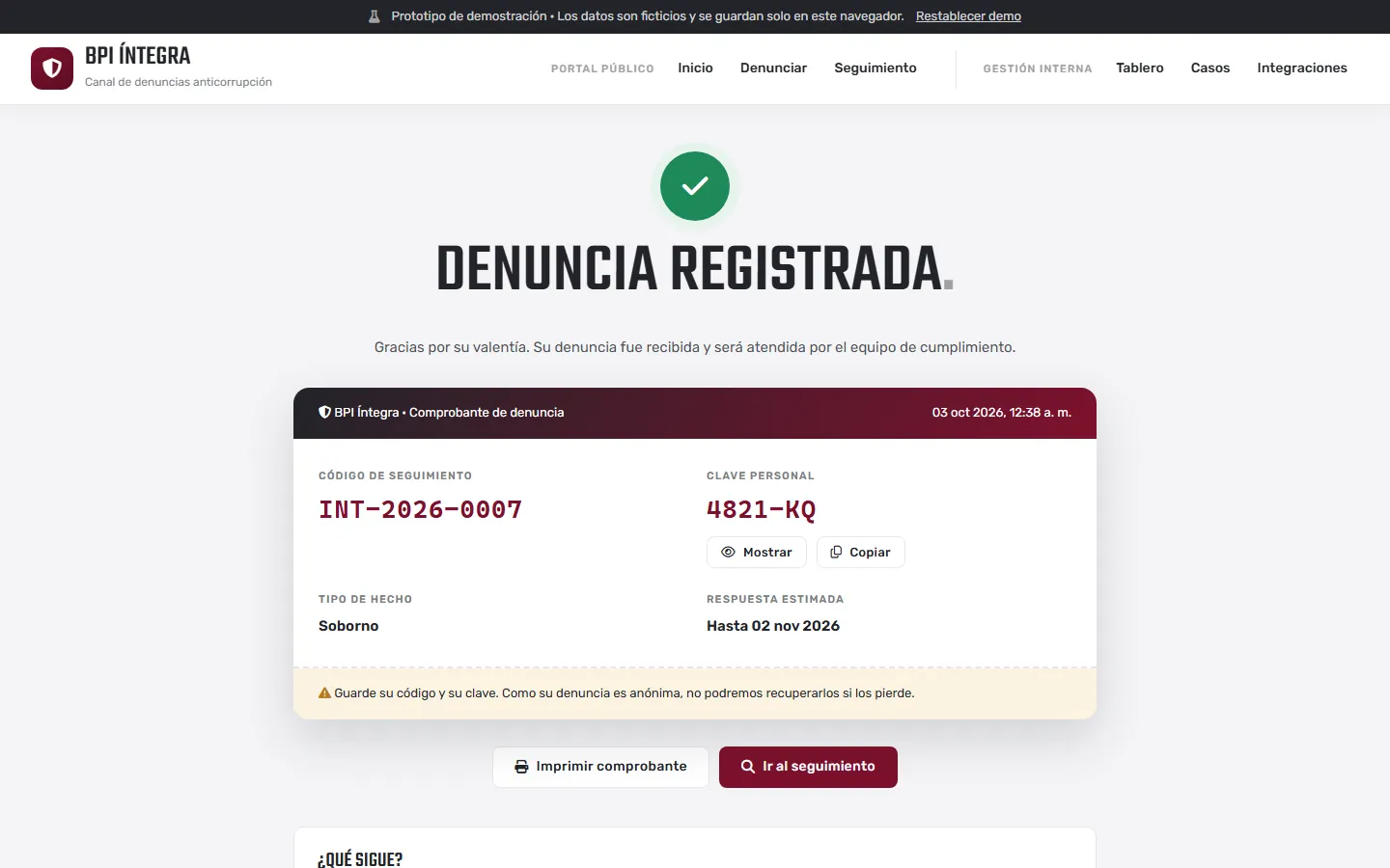 BPI Íntegra: comprobante con código y clave de seguimiento